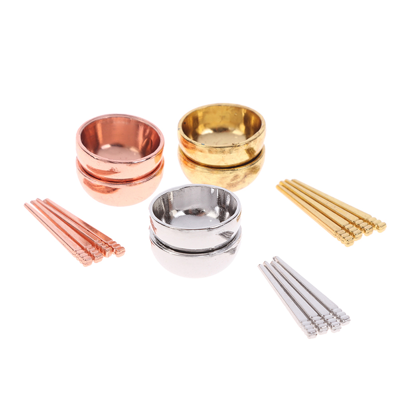 Model Kit Fantasy - 1セットドールハウスミニチュアアクセサリーミニ金属ボウル箸セットシミュレーションキッチン食器モデルおもちゃ